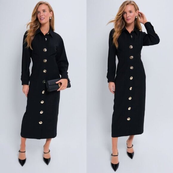 Tuckernuck Dresses & Skirts - Tuckernuck NEW Black Petra Long Sleeve Gold Hammered Button Midi Dress Size M